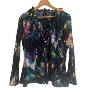 Ruffle Neck Abstract Print Long Sleeve Pintuck Blouse Top Boho Kensie Girl